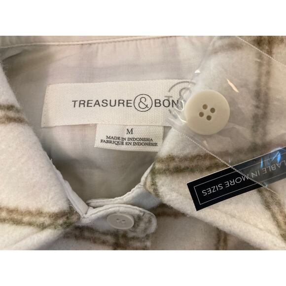 Treasure & Bond Puff Sleeve Flannel Shirt Jacket Sz Medium in Ivory & Green NWT - Picture 5 of 6